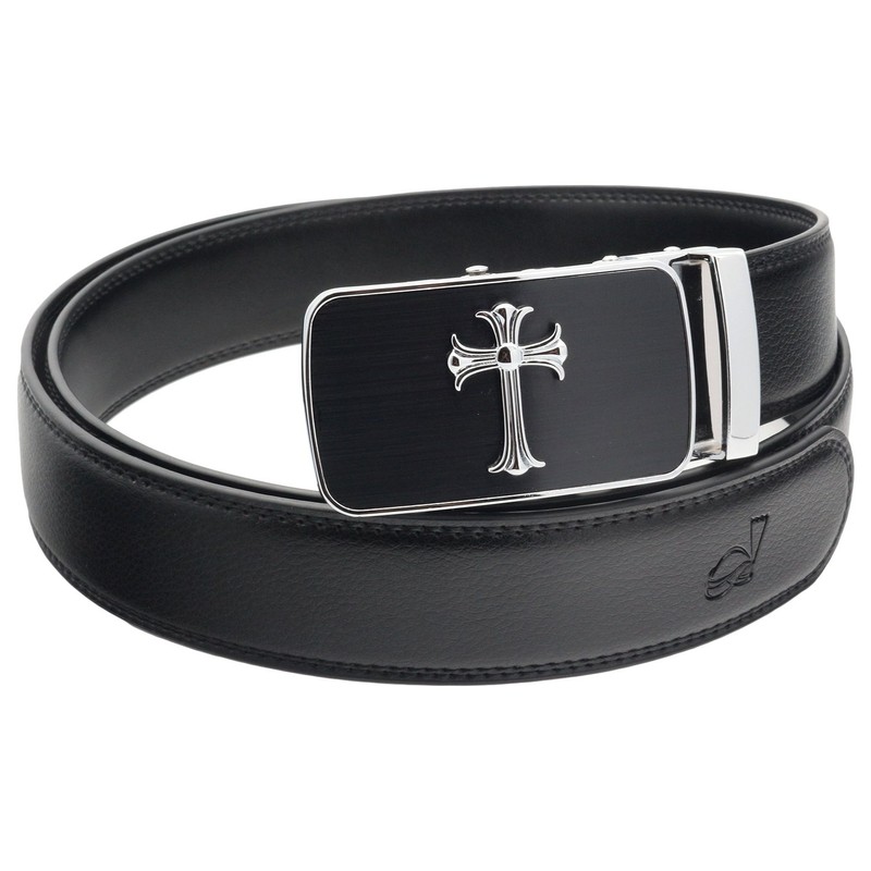 QHA Mens Jesus Cross Automatic Buckle Ratchet Leather Belt Q39-Silver