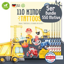 MeinBaby123 550 Skin-friendly Children's Tattoos with Excavators, Digger Tattoos, Children's Tattoos for Sticking, Vegan & Made in Germany (5 x Vehicles)