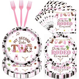 Refavor Cowgirl 2nd Birthday Party Decorations, My Second Rodeo Party Plates Napkins and Forks Set for Girls, Wild West This Ain't My First Rodeo Its My Second Party Tableware Supplies(24 Guests)