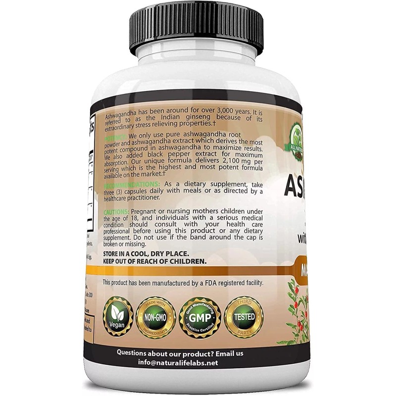 Naturalife Labs Organic Ashwagandha 2100mg - 100 vegan capsules 100%