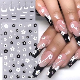 New Crystal Nail Stickers - 2PCS Flowers French Tip Nail Art - Summer 3D Self-Adhesive Shiny Crystal French White Black Daisy Gel Nail Sticker with Nail Design DIY Decals Nail Tips for Manicure Decor