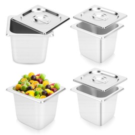 10 Set Stainless Steel Hotel Pans with Lids, 1/6 Size 6 Inch Deep, Food Storage Containers for Home Party Hotel Buffet Commercial Kitchen (10, 17.6x16.2x15cm / 6.93x6.38x5.91in With lid)