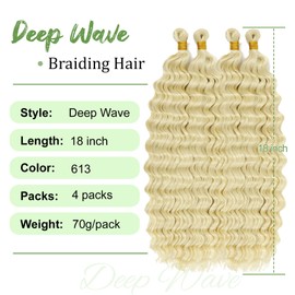 Eerya Long Curly Braiding Hair 18 Inch 4 Packs Deep Ocean Wave Crochet Hair for Black Women Deep Wave Braiding Hair for Boho Braids（18 inch, #613）