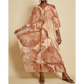 Bsubseach Plus Size Kaftan Dresses for Women V Neck Swimsuit Coverup Floral Print Caftan Maxi Beach Dress Brown