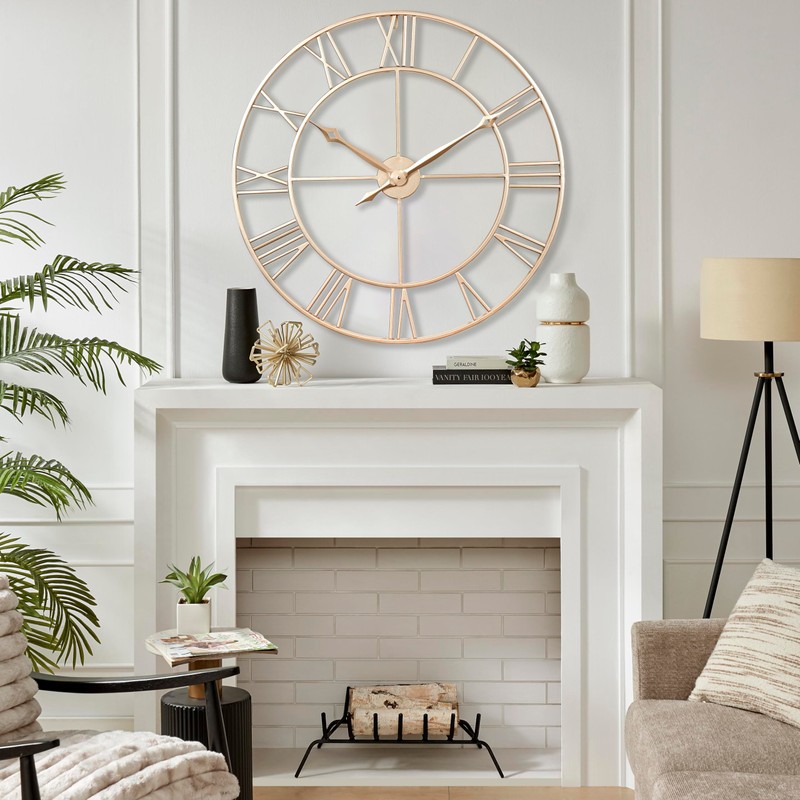 CLXEAST 30 Inch Wall Clock,Large Champagne Gold Metal Roman Numeral