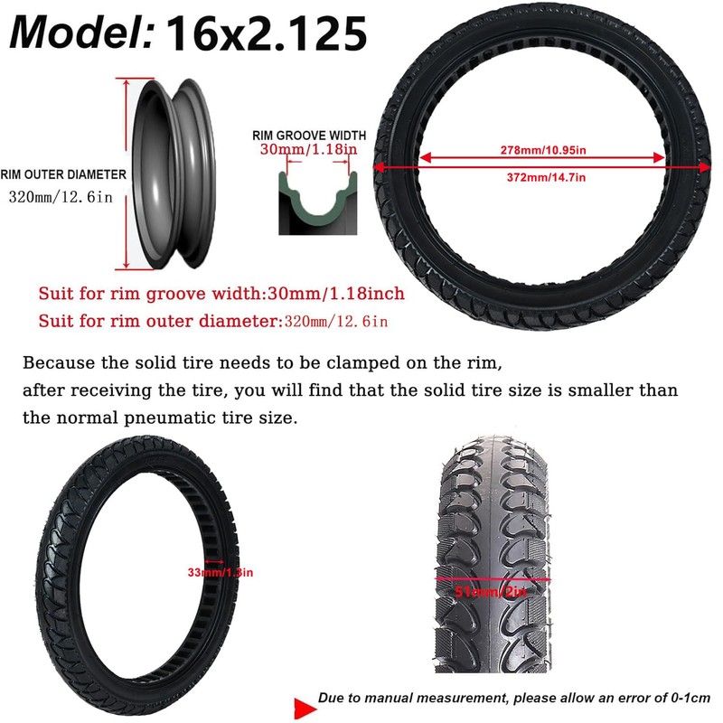 16x2.125 Electric Bicycle Solid Tire, Non-Inflation Explosion-Proof Tire, Replacement Tyres