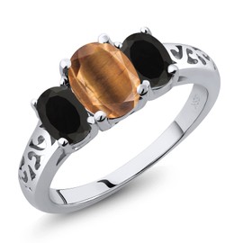 Gem Stone King 925 Sterling Silver Brown Tiger Eye and Black Onyx Filigree Style 3 Stone Ring for Women (2.05 Cttw, Oval 8X6MM and 6X4MM, Size 9)