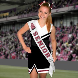 RhinestoneSash Cheer Captain Sashes - Maroon with Black Outline SCRIPT Cheer Captain Senior on White PREMIUM GRADE SATIN Sash - Cheerleader Senior Party Gifts - White Sash(Cheer Capt) Mrn w/Blk