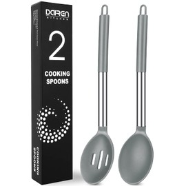 Pack of 2 Large Silicone Cooking Spoons, Non-Stick Stainless Steel Slotted and Solid Spoon Set for Serving, Mixing, Draining, Heat Resistant, Scratch Resistant and BPA Free Kitchen Scoops (Grey)