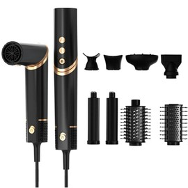 Professional Hair Dryer, Powerful 8 in 1 Hair Blow Dryer with 110,000 RPM High-Speed Negative Ionic Automatic Curling Iron and Magnetic Diffuser, Nozzle, Brush for Women Men Personal Care (Black)