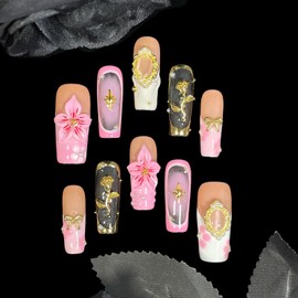 Handmade Press on Nails 3D Floral - Pink Nude Vintage Gold Rose & Pearl Design, Medium Long Square False Nails Reusable Acrylic Fake Nails (Mist Pink, S)