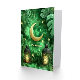 Artery8 Eid Mubarak Greeting Card Crescent Moon Lanterns Green Plants Blank For Him Or Her Art Eid al-Fitr Card