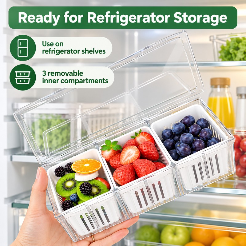 Refrigerator Food Storage Container with 3 Removable Baskets and Lid