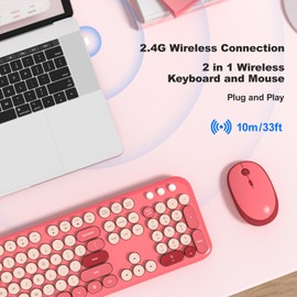 MOFII Wireless Keyboard and Mouse Combo, Full-Size Retro Typewriter-Style Wireless Keyboard with Optical Mouse for Computer/Laptop/Windows/Mac (Rose Red)