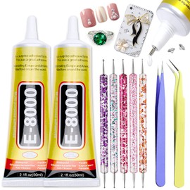 E8000 Craft Glue for Jewelry Making, Multi-Function B-7000 Super Adhesive Glues Liquid Fusion for Rhinestones, Shoes, Fabric, Stone Wood Glass Cell Phones with Dotting Pens and Tweezers(2 X 50ML)