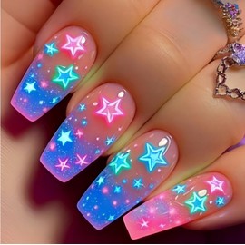 4th of July Press on Nails Medium Coffin Fake Nails with Color Stars Desgins Glossy Glue on Nails Independence Day Acrylic Nails Press ons Cute False Nails Full Cover Stick on Nails for Women 24 Pcs