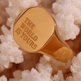 BlingNook Chunky Gold Rings For Women, The World Is Yours Lettering Stainless Steel Engraving Non Tarnish Stackable Engagement Statement Trendy Birthday Jewelry Gift (Gold Lettering, 6)