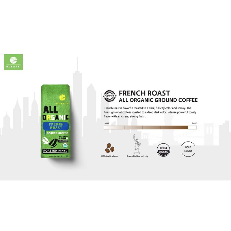 All organic ground coffee, Roasted in NYC, 100% Arabica, Dark