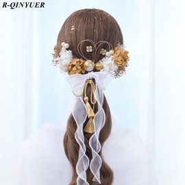 R-QINYUER Hair Ornament, Coming-of-Age Ceremony, Front Film, Dried Flowers, Mizuhiki, Gold Leak, Wedding Ribbon Decoration, Antiichikuberi Ichi Kasumi Grass Decoration, Fireworks, Yukata, Kimono,