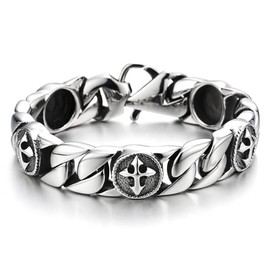 COOLSTEELANDBEYOND Mens Stainless Steel Curb Chain Link Bracelet with Vintage Cross Charms(CA)