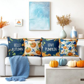 Joymaiosn Blue Autumn Pumpkin Thanksgiving Throw Pillow Covers 18x18 Inch Set of 4 Hello Fall Pumpkin Leaves Farmhouse Cushion Covers Home Decor for Couch Cushion Cases