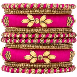 Aheli Royal Design Silk Thread Bangle Set Saree Matching Chuda Indian Traditional Wedding Fashion Jewelry Gift for WomenSilk Rani Pink Faux Stone, Size 2.6"