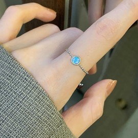 Round Opal Chain Link Statement Adjustable Ring Stainless Steel Birthstone Beaded Ball Stacking Knuckle Tail Finger Rings Love Heart Tassel Dangling Charm Bands Fashion Wedding Engagement Jewelry Gifts for Women Daughter (Silver)