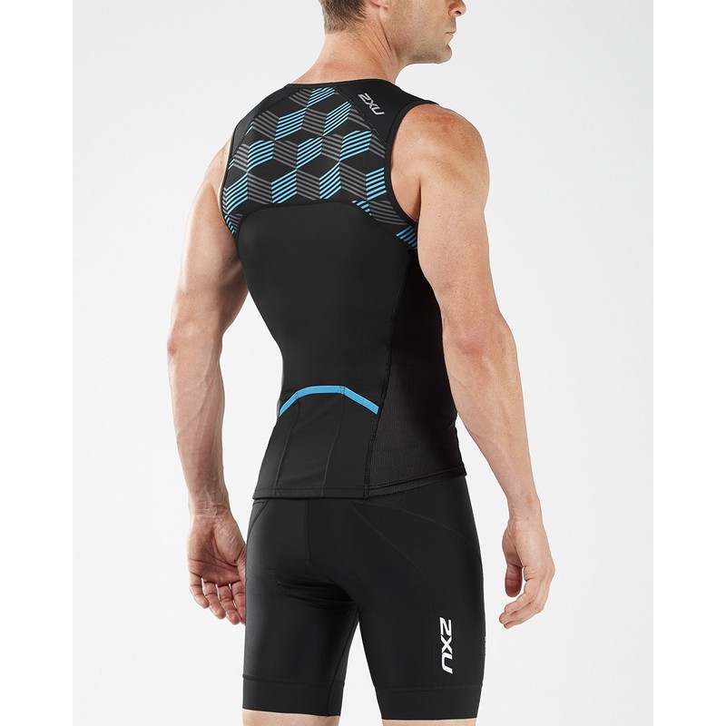 2XU Men's Active Triathlon Singlet, Black/Retro Dresden Blue, Small
