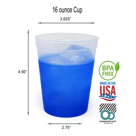 Rolling Sands 16 oz. Reusable Plastic Stadium Cups, 8 Pack, Made in USA, BPA-Free Dishwasher Safe Color Changing Tumblers, Frost To Blue