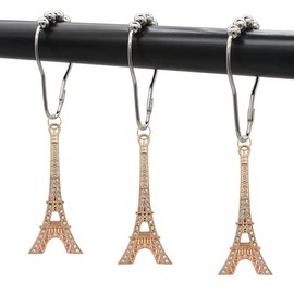 brandname Shower Curtain Hooks with Paris Eiffel Tower Decorative Bathroom Shower Rod Curtain, Rust Proof Stainless Steel Curtain Rings Gold