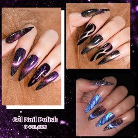MTSSII Cat Eye Gel Nail Polish Set, 8 Colors, UV/LED Soak Off, Galaxy Glitter Collection (Set-4, 8pcs)