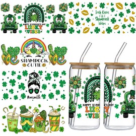 St. Patrick's Day UV DTF Cup Wraps – 5 Blatt St. Patricks Day UV DTF Cup Wraps für 473 ml, irisches Glückskleeblatt, Einhorn, Regenbogen-Transferaufkleber, Transferaufkleber für Glasbecher, DIY