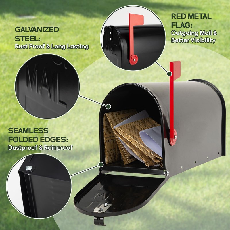 RAINHOL Black Metal Mailboxes for Outside Post Mount, Standard Mail