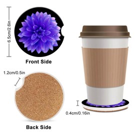 Watercolor Purple Flower Car Coasters for Cup Holders,2 Pack Absorbent Ceramic Car Coaster Set with Finger Notch & Cork Base for Women Men 2.56"