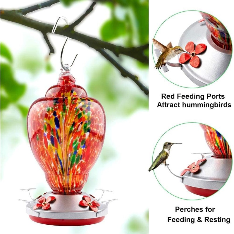 RED- 34oz Hummingbird Feeder Outdoors Colorful Hand Blown Glass with