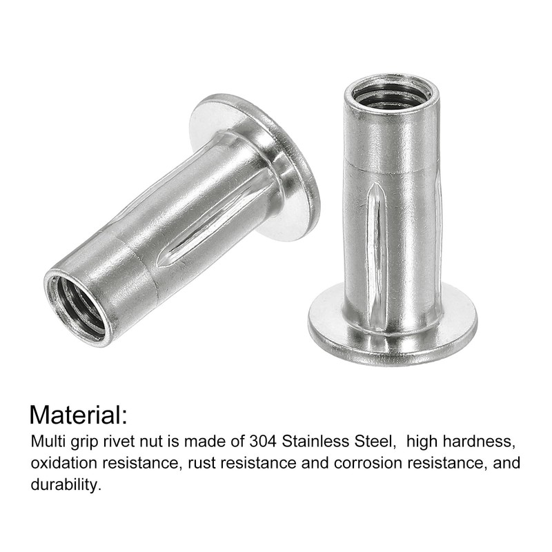 sourcing map M10 Multi-Grip Rivet Nuts, 6pcs Pre-Bulbed Shank Flat