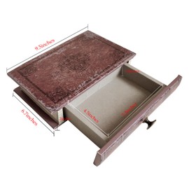 XIAOAIKA Book Storage Box with Drawer, Distressed Reddish Brown Faux Leather Cover with Classic Damask Pattern, Hidden Vintage-Style Organizer for Jewelry or Keepsakes, 9.5″ x 6.7″ x 2″