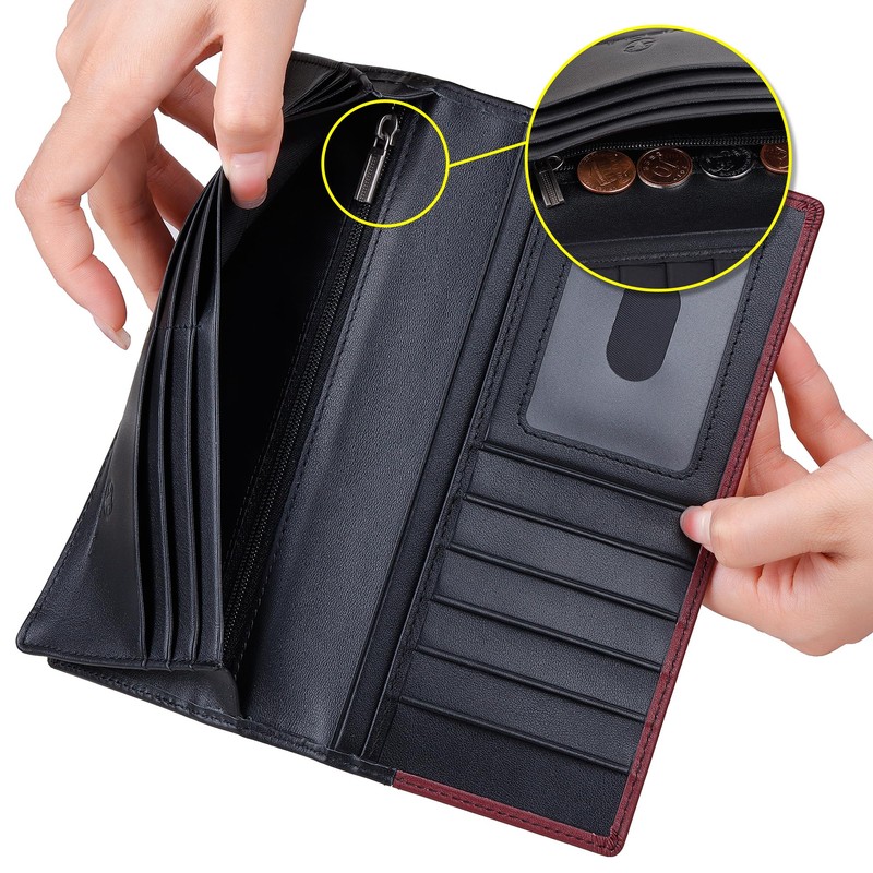 VISOUL Leather Long Checkbook Bi-fold Wallets with Zipper Pocket for