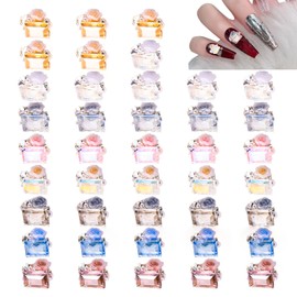40 Piece Multicolor Ice Rhinestone Rose Square Nail Art Decoration，Summer Clear Nail Art Charms Gems, Alloy 3D Rose Flower Egg-Shaped Rhinestone Embellishments