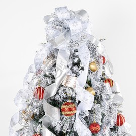 LEEQE Silver Glitter Christmas Tree Topper Bow 11 inch with 6 Ribbon Tails 3 Yards Elegant Holiday Decoration for Indoor and Outdoor Use Perfect for Family Weddings and Party(Silver Glitter)
