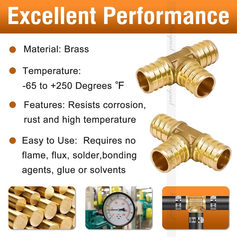 Horiznext 3/4 inch pex tee fitting, brass coupling adapts water