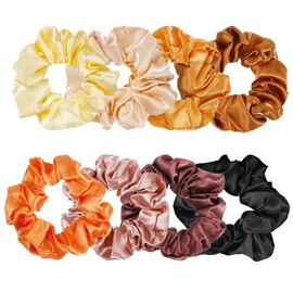 8 Pcs Big Satin Scrunchies for Women, Soft Hair Ties Bulk Elastic Bracelets Ponytail Holders Hair Accessories for Women Girls Galentine's Day Gifts (Brown and Orange)