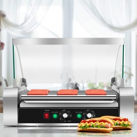 KOTEK Hot Dog Roller Machine, 18 Hot Dog and 7 Non-Stick Roller, Sausage Grill Cooker Machine with Glass Cover, Drip Tray, Dual Temperature Control for Commercial and Household Use (7 Rollers)