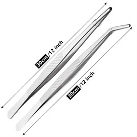 Cyimi Kitchen Tweezers Stainless Steel 12 Inch Long Tweezers Tongs, Heavy Duty Large Food Tweezers with Precision Serrated Tips for Cooking (12" Straight+Curved)