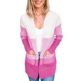 Sidefeel Womens Cardigan Sweaters Open Front Long Sleeve Ribbed Color Block Knit Fall Sweaters Rose Red Medium