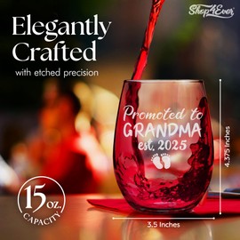 shop4ever Promoted to Grandma Established 2025 Engraved Stemless Wine Glass 15 oz. New Grandmother Mother's Day Gift