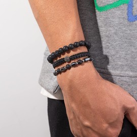 Mens Beaded Bracelet Set 8mm 4mm Healing Gemstone Braided Rope Bracelets with Cubic Zirconia Charm Hematite Stainless Steel Bead Bracelet Cool Stackable Anxiety Jewelry Gifts for Men(Lava Rock)