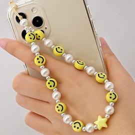 LUSTEMBER Beaded Phone Lanyard Wrist Strap Smiley Face Beaded Handmade Colorful Acrylic Beads Pearl Phone Charm Strap for Women Girls