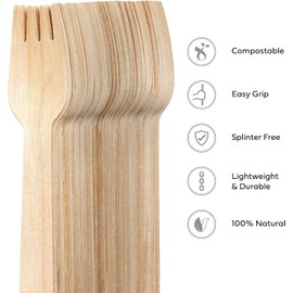 100Pcs Disposable Wooden Forks - 15.5cm Eco-Friendly Birchwood Utensils Biodegradable Compostable Wood Cutlery
