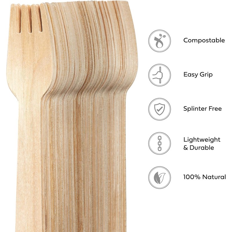 100Pcs Disposable Wooden Forks - 15.5cm Eco-Friendly Birchwood Utensils Biodegradable